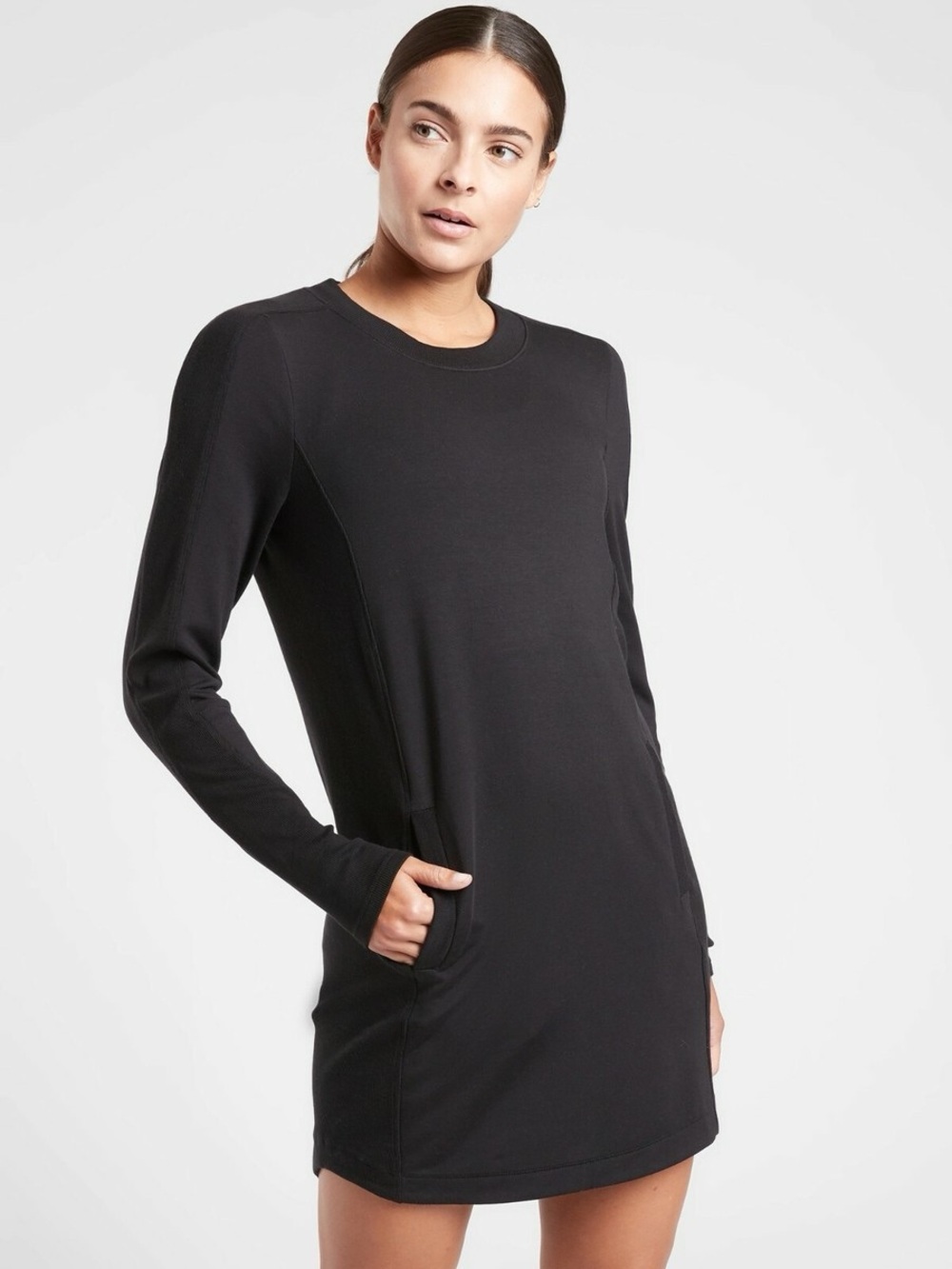 Athleta Balance Long Sleeve French Terry Dress with Pockets Size L Tall Black